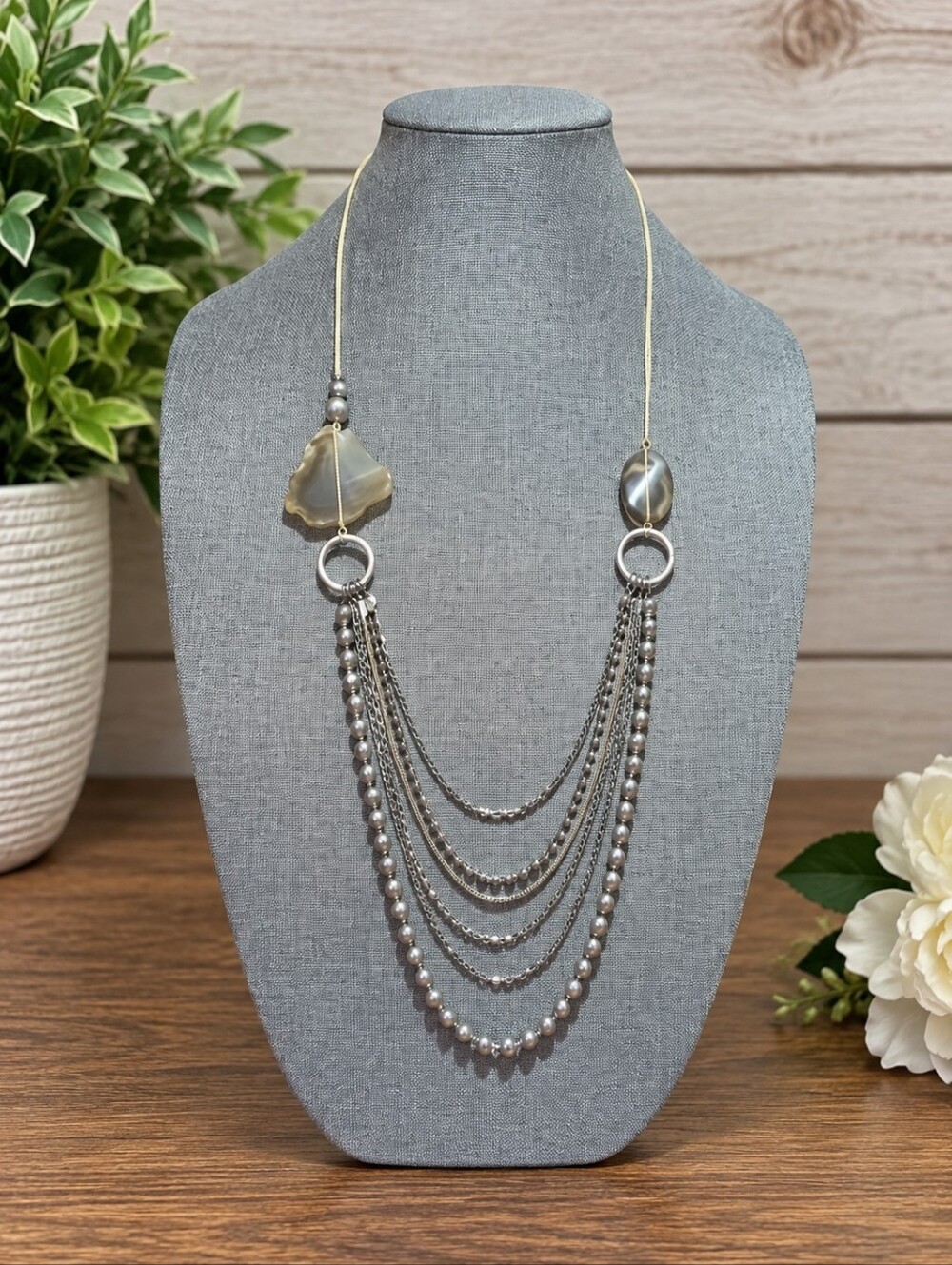 Elegant Silver-Tone Layered Faux Pearl & Rhinestone, Geo Rock Necklace